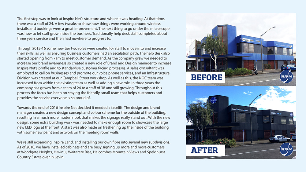 
                The first step was to look at Inspire Net's structure and where it was heading. At that time,
                there was a staff of 24. A few tweaks to show how things were working around wireless
                installs and bookings were a great improvement. The next thing to go under the microscope
                was how to let staff grow inside the business. Traditionally help desk staff completed about
                three years service and then had nowhere to progress to.

                Through 2015-16 some new tier two roles were created for staff to move into and increase
                their skills, as well as ensuring business customers had an escalation path. The help desk also
                started opening from 7am to meet customer demand. As the company grew we needed to
                increase our brand awareness so created a new role of Brand and Design manager to increase
                Inspire Net's profile and to standardise customer facing processes. A sales consultant was
                employed to call on businesses and promote our voice phone services, and an Infrastructure
                Division was created at our Campbell Street workshop. As well as this, the NOC team was
                increased from within the existing team as well as adding a new role. In three years the
                company has grown from a team of 24 to a staff of 38 and still growing. Throughout this
                process the focus has been on staying the friendly, small team that helps customers and
                provides the service everyone is so proud of.

                Towards the end of 2016 Inspire Net decided it needed a facelift. The design and brand
                manager created a new design concept and colour scheme for the outside of the building,
                resulting in a much more modern look that makes the signage really stand out. With the new
                design, some extra building work was needed to make enough room to showcase the large
                new LED logo at the front. A start was also made on freshening up the inside of the building
                with some new paint and artwork on the meeting room walls.

                We're still expanding Inspire Land, and installing our own fibre into several new subdivisions.
                As of 2018, we have installed cabinets and are busy signing up more and more customers
                at Woodgate Heights, Hiwinui, Waitarere Rise, Halcombes Mountain Views and Speldhurst
                Country Estate over in Levin.
                